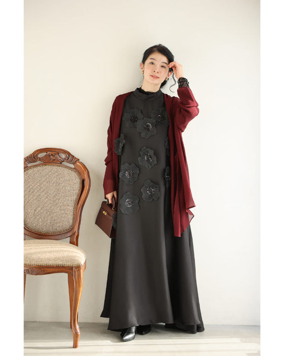 シアーな花浮かび咲く艶めきAラインロングワンピース