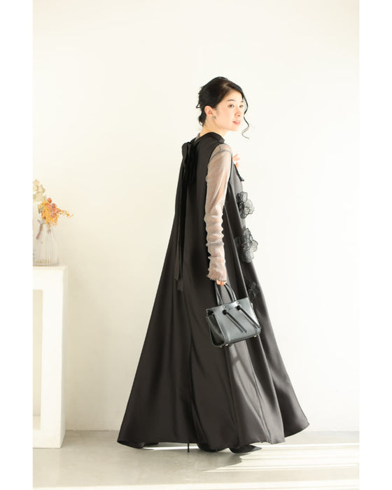 シアーな花浮かび咲く艶めきAラインロングワンピース