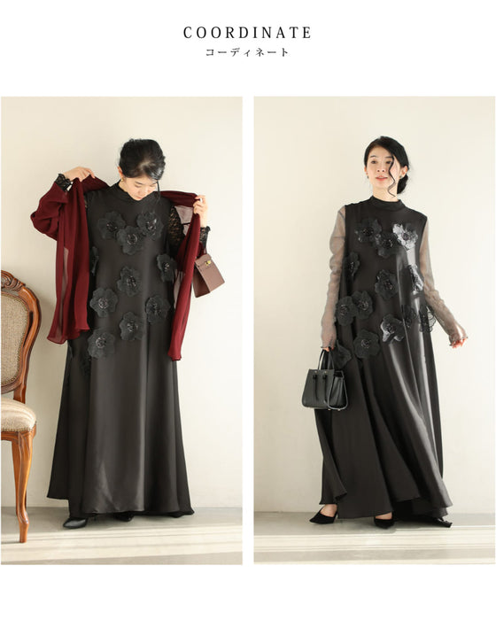 シアーな花浮かび咲く艶めきAラインロングワンピース