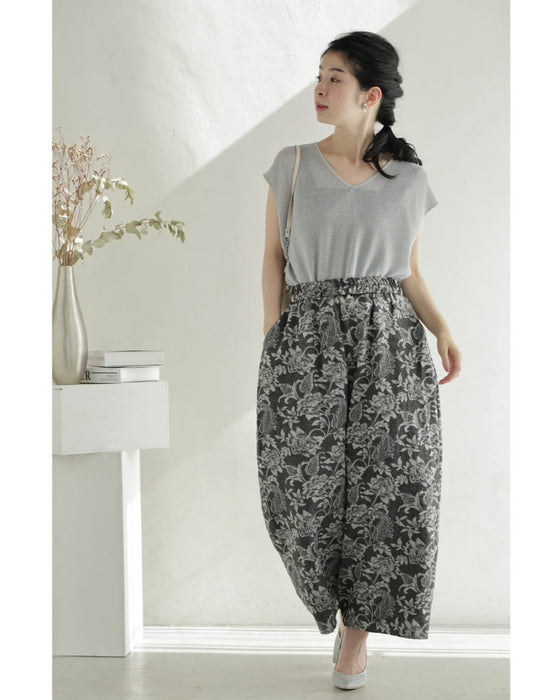 エレガントなジャガードカーブラインパンツ