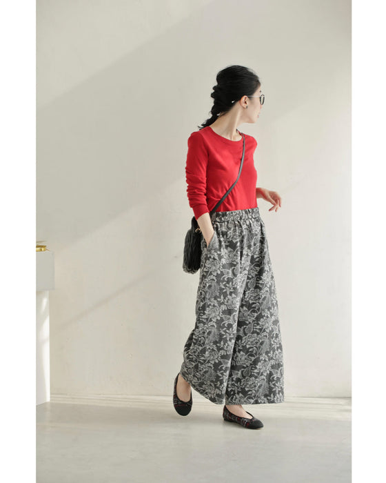 エレガントなジャガードカーブラインパンツ