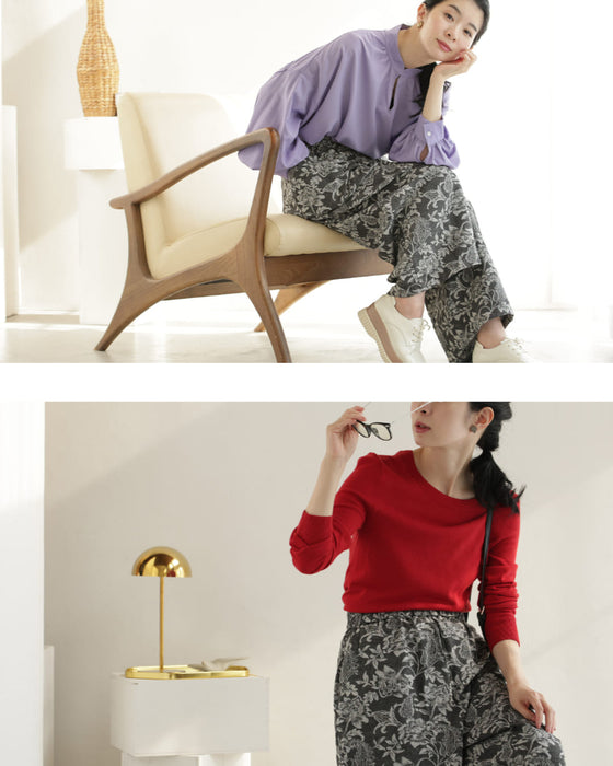 エレガントなジャガードカーブラインパンツ