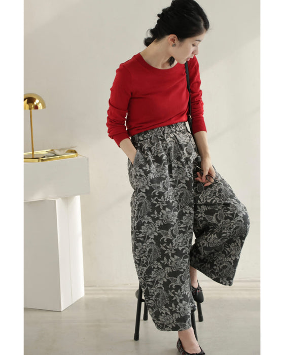 エレガントなジャガードカーブラインパンツ