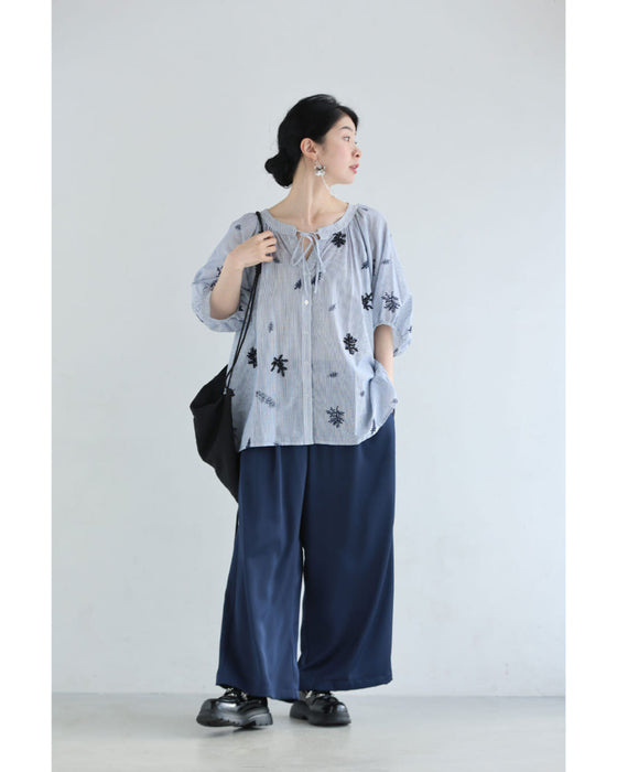 ビジュー輝く植物刺繍ストライプブラウストップス