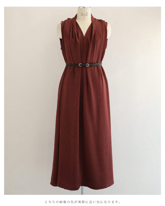 肩から流れる上品なタックロングワンピース(ベルト付き)