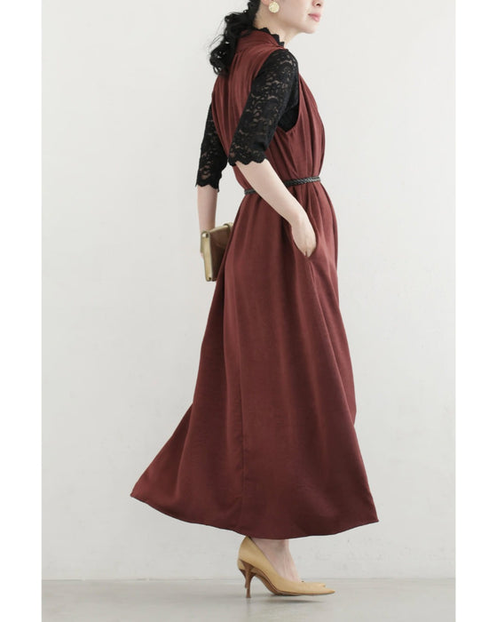 肩から流れる上品なタックロングワンピース(ベルト付き)