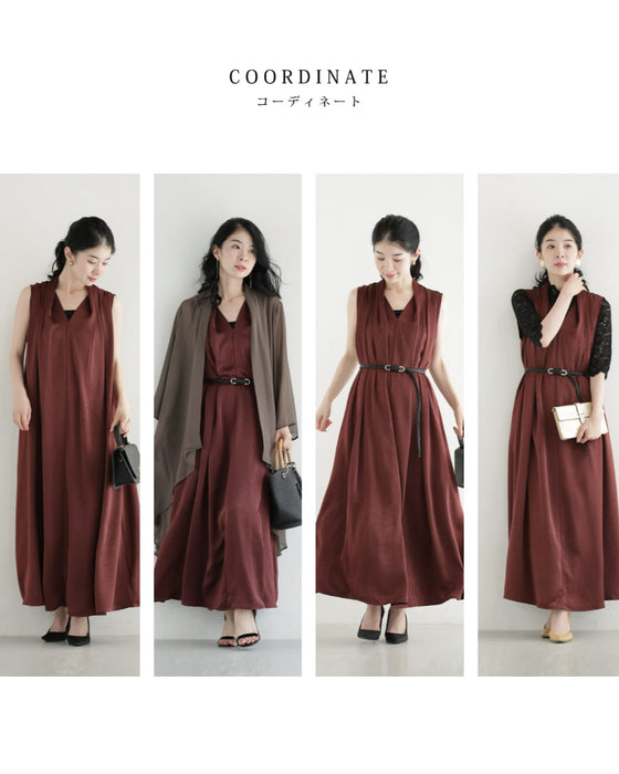 肩から流れる上品なタックロングワンピース(ベルト付き)