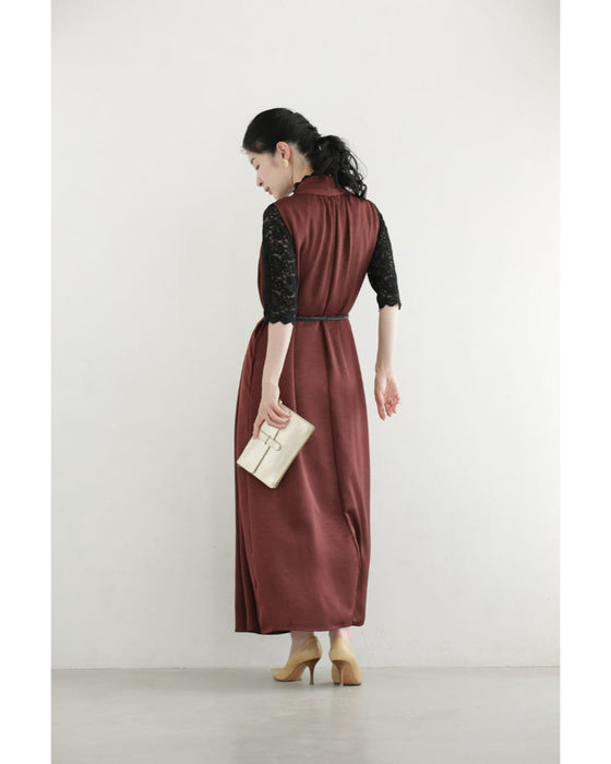 肩から流れる上品なタックロングワンピース(ベルト付き)