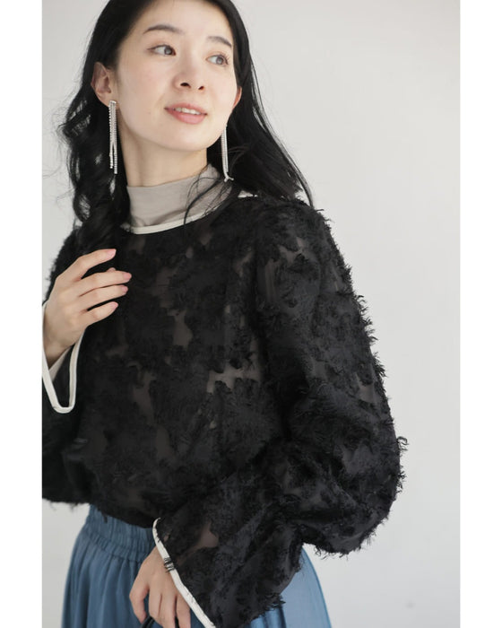 ふわふわシャギーのフレア袖シアーブラウストップス