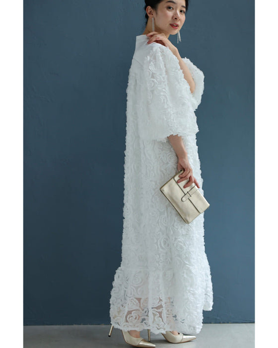 満開の花咲くブーケロングワンピース(リボンベルト付き)