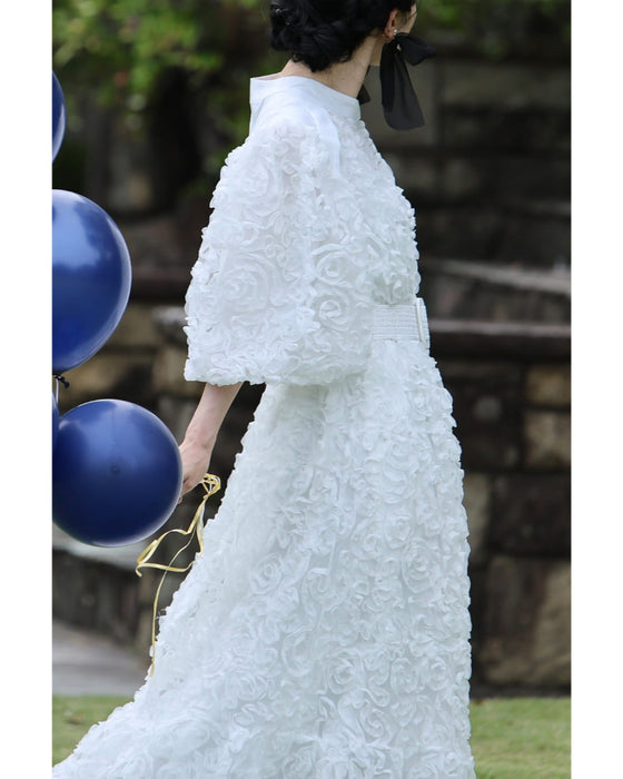 満開の花咲くブーケロングワンピース(リボンベルト付き)