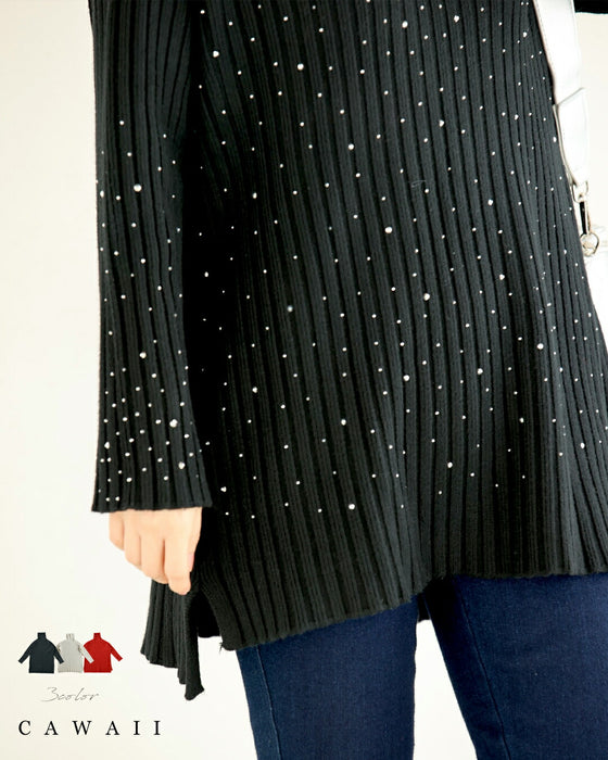 雪降るようなスノービジューリブニットプルオーバートップス