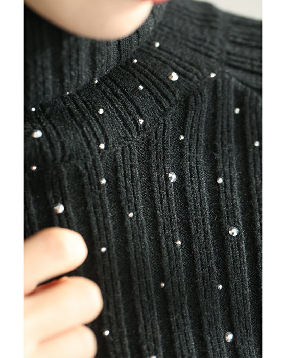 雪降るようなスノービジューリブニットプルオーバートップス