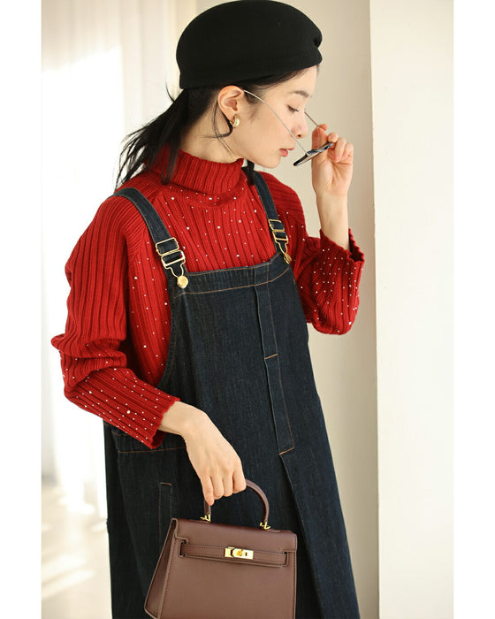 雪降るようなスノービジューリブニットプルオーバートップス