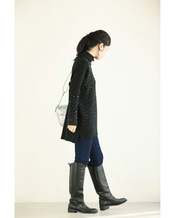 雪降るようなスノービジューリブニットプルオーバートップス