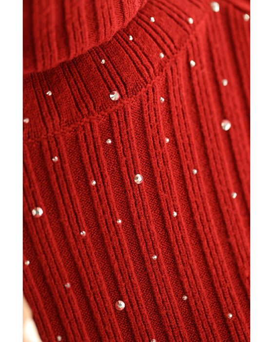 雪降るようなスノービジューリブニットプルオーバートップス