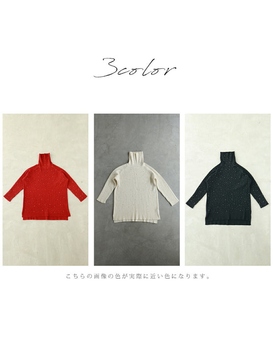 雪降るようなスノービジューリブニットプルオーバートップス