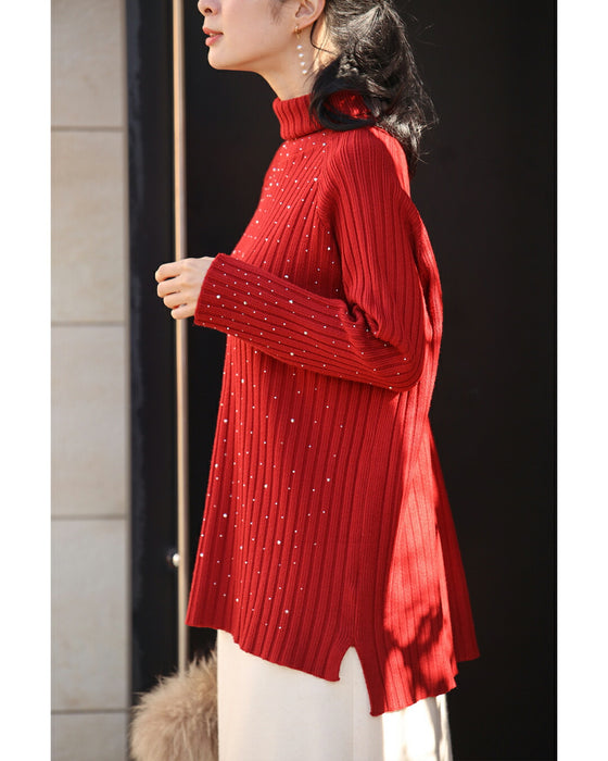 雪降るようなスノービジューリブニットプルオーバートップス