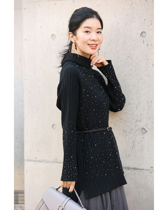 雪降るようなスノービジューリブニットプルオーバートップス