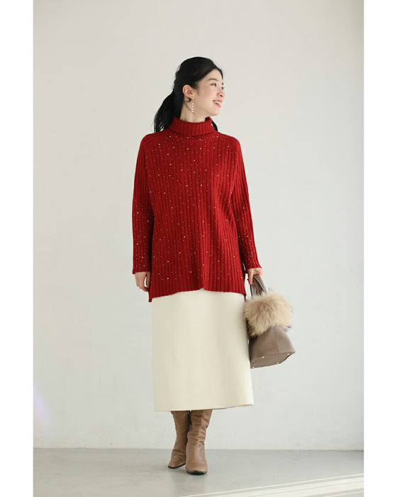 雪降るようなスノービジューリブニットプルオーバートップス