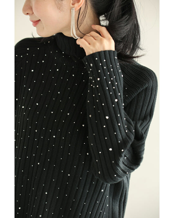 雪降るようなスノービジューリブニットプルオーバートップス