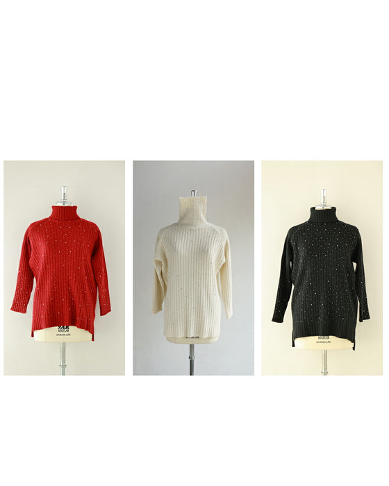 雪降るようなスノービジューリブニットプルオーバートップス