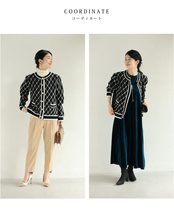 エレガントな金ボタンとダイヤチェック柄ニットカーディガン