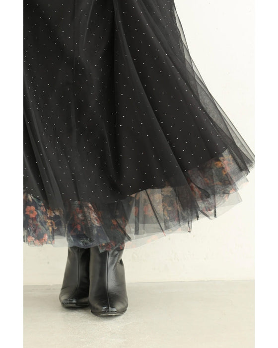 印象変わる花とビジューのリバーシブルチュールスカート