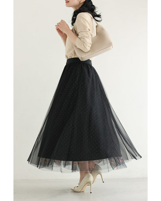 印象変わる花とビジューのリバーシブルチュールスカート