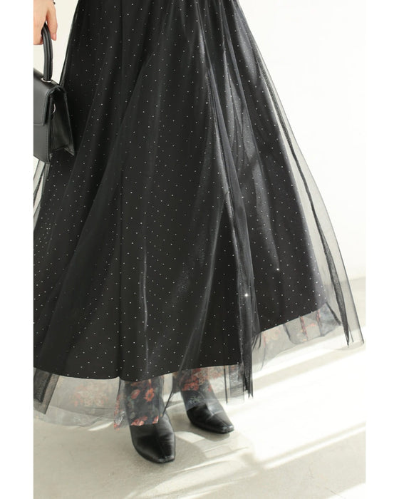 印象変わる花とビジューのリバーシブルチュールスカート