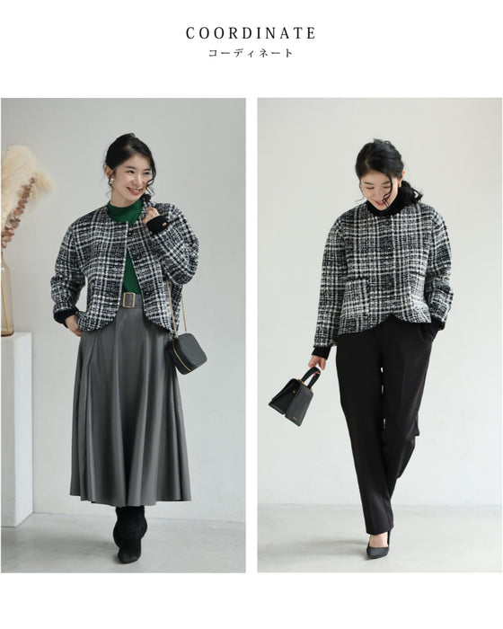 重ね着風な手元のチェックニットジャケット