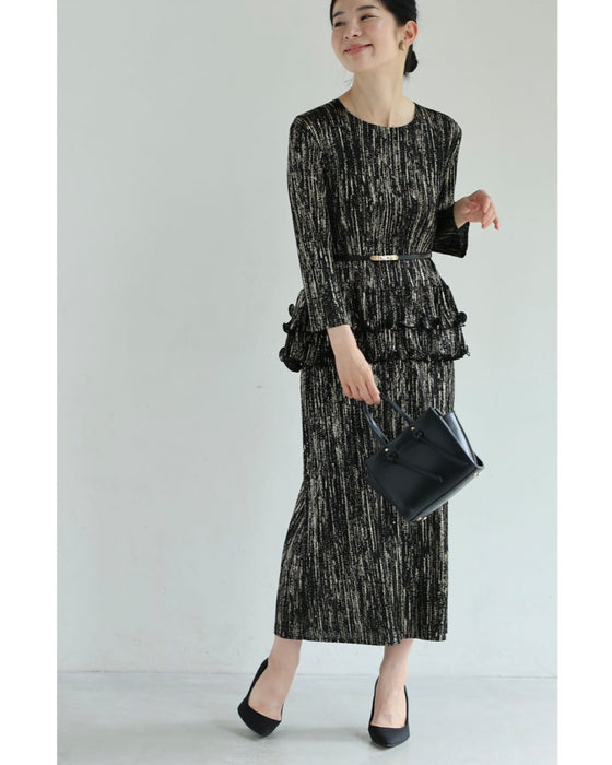 【予約商品】光のライン流れるアコーディオンプリーツミディアムワンピース(ベルト付き)
