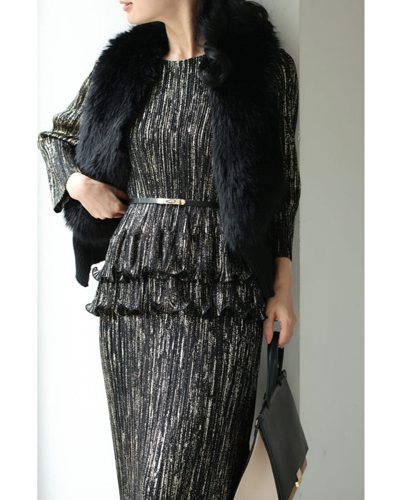 【予約商品】光のライン流れるアコーディオンプリーツミディアムワンピース(ベルト付き)