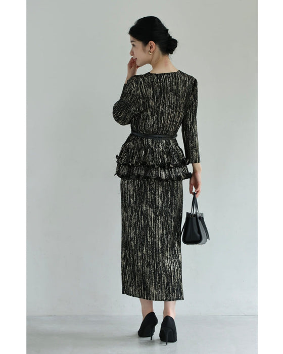 【予約商品】光のライン流れるアコーディオンプリーツミディアムワンピース(ベルト付き)