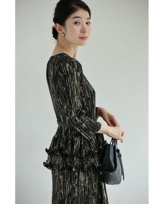 【予約商品】光のライン流れるアコーディオンプリーツミディアムワンピース(ベルト付き)