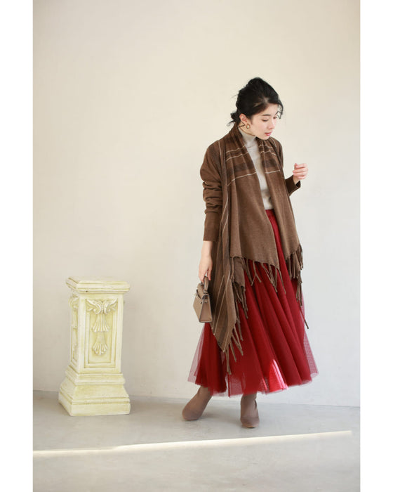 流れるような裾フリンジのストールカーディガン