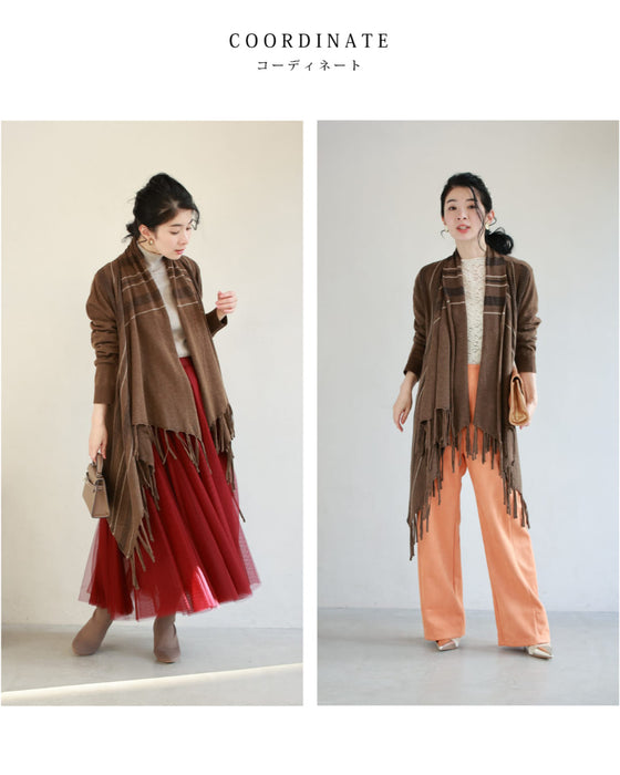 流れるような裾フリンジのストールカーディガン