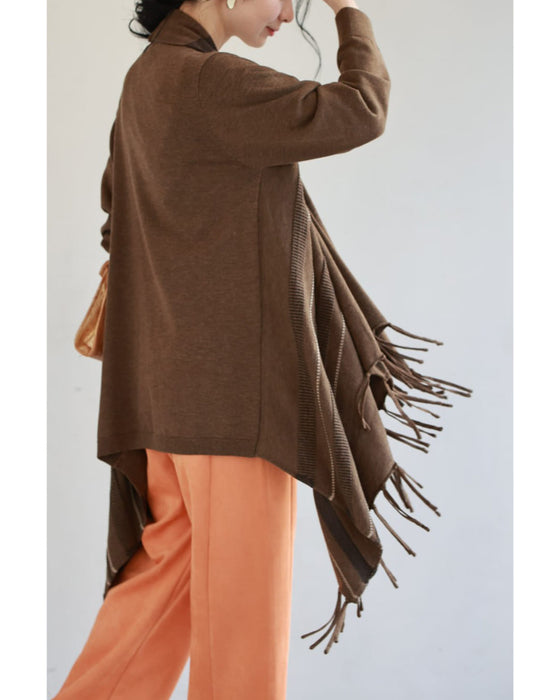 流れるような裾フリンジのストールカーディガン