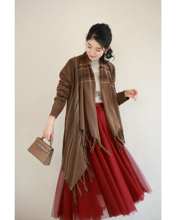 流れるような裾フリンジのストールカーディガン