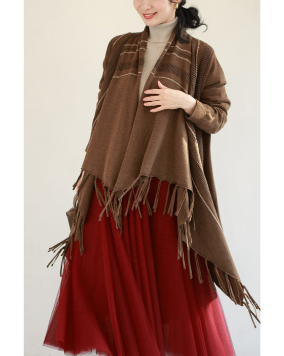 流れるような裾フリンジのストールカーディガン