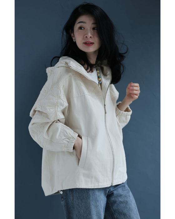 線画の花が浮かぶフード付きブルゾン