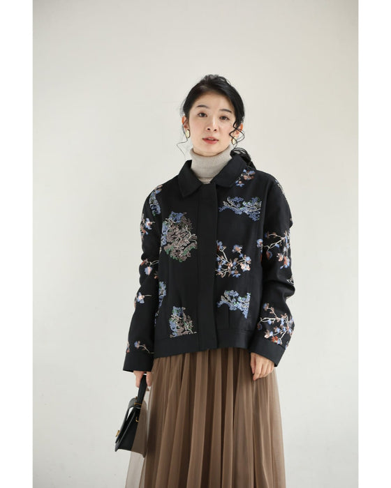 スパンコール煌めくシノワズリな花柄ジャケット