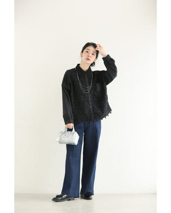 裾が絞れるリーフレースシャツトップス