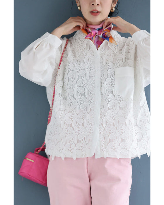 裾が絞れるリーフレースシャツトップス