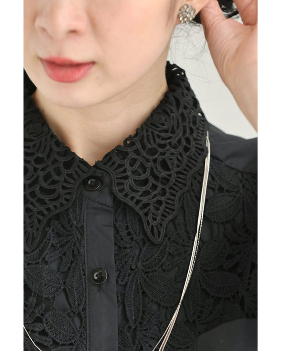 裾が絞れるリーフレースシャツトップス