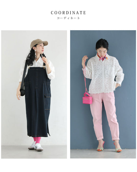 裾が絞れるリーフレースシャツトップス