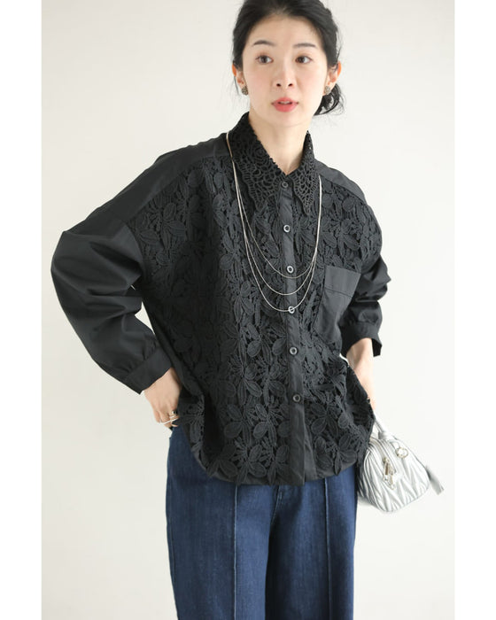 裾が絞れるリーフレースシャツトップス