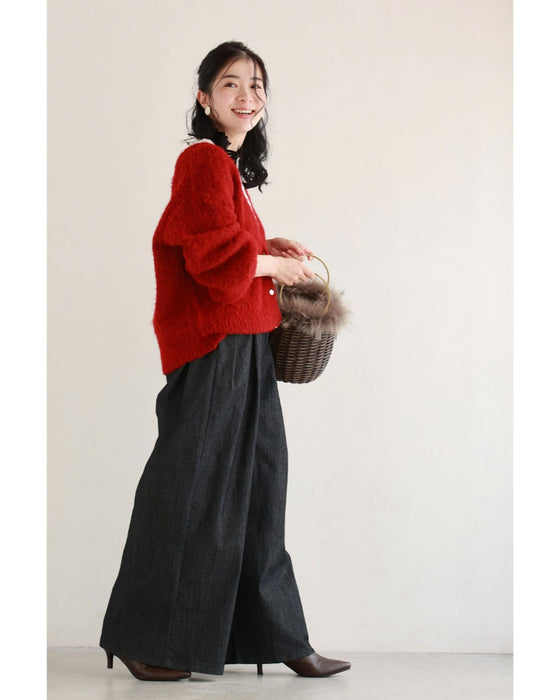 サイドタックのコットンデニムワイドパンツ
