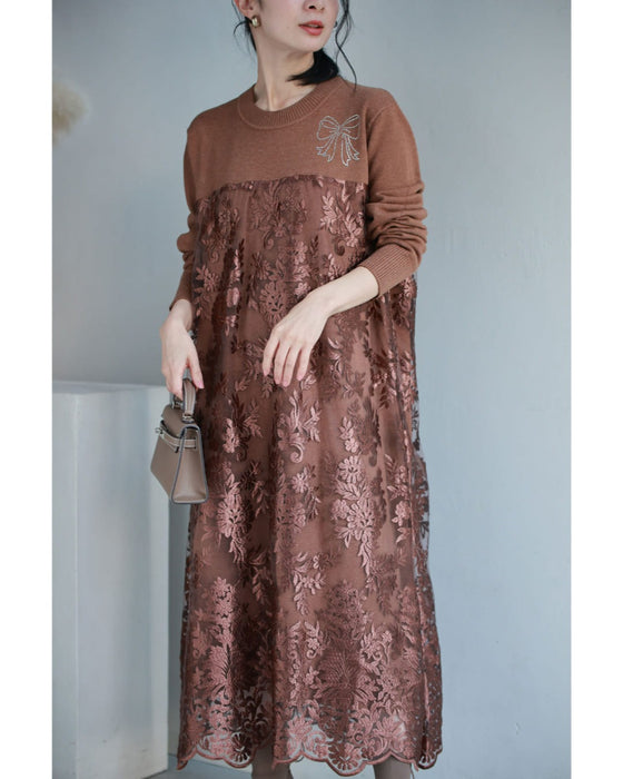 艶めく刺繍ベール重なるニットミディアムワンピース