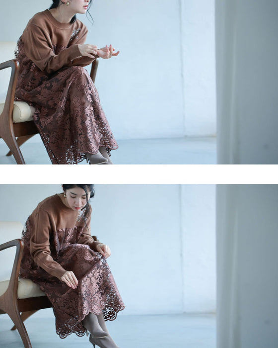 艶めく刺繍ベール重なるニットミディアムワンピース